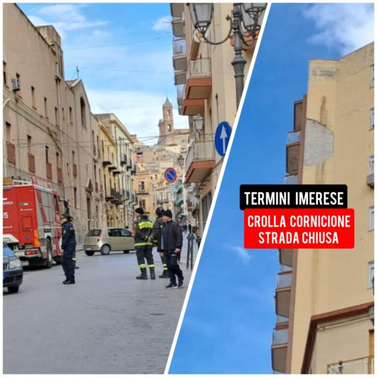 Termini Imerese: cornicione si stacca e finisce in strada in corso Umberto e Margherita FOTO